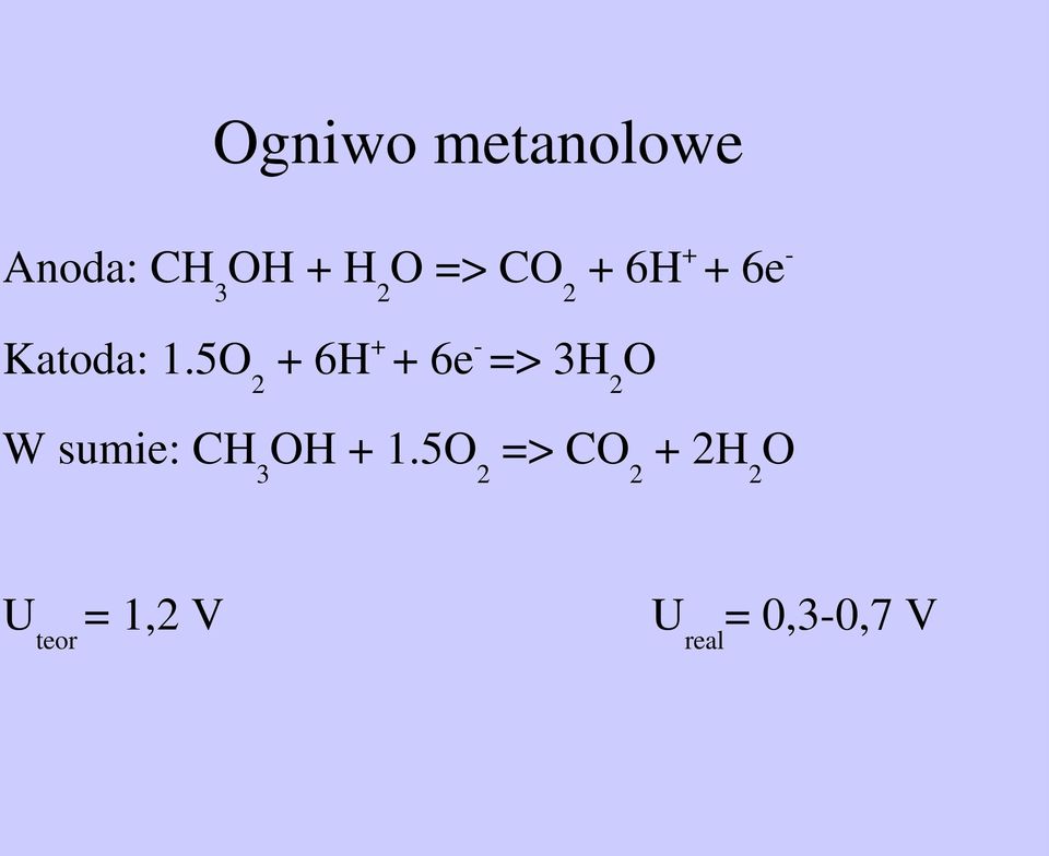 5O 2 + 6H + + 6e => 3H 2 O W sumie: CH 3 OH