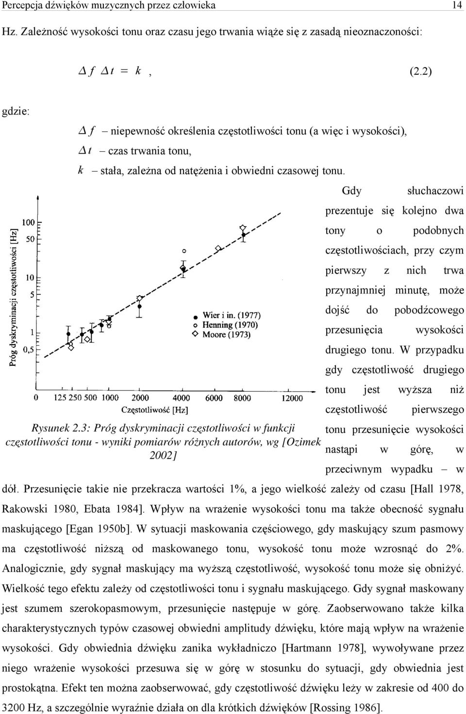 3: Próg dyskryminacji częstotliwości w funkcji częstotliwości tonu wyniki pomiarów różnych autorów, wg [Ozimek 2002] Gdy słuchaczowi prezentuje się kolejno dwa tony o podobnych częstotliwościach,