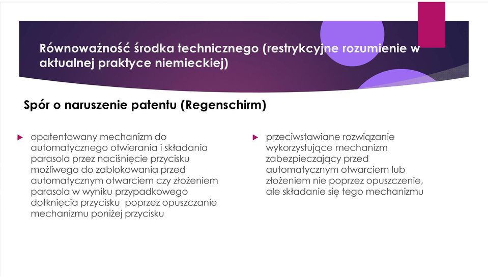 automatycznym otwarciem czy złożeniem parasola w wyniku przypadkowego dotknięcia przycisku poprzez opuszczanie mechanizmu poniżej przycisku