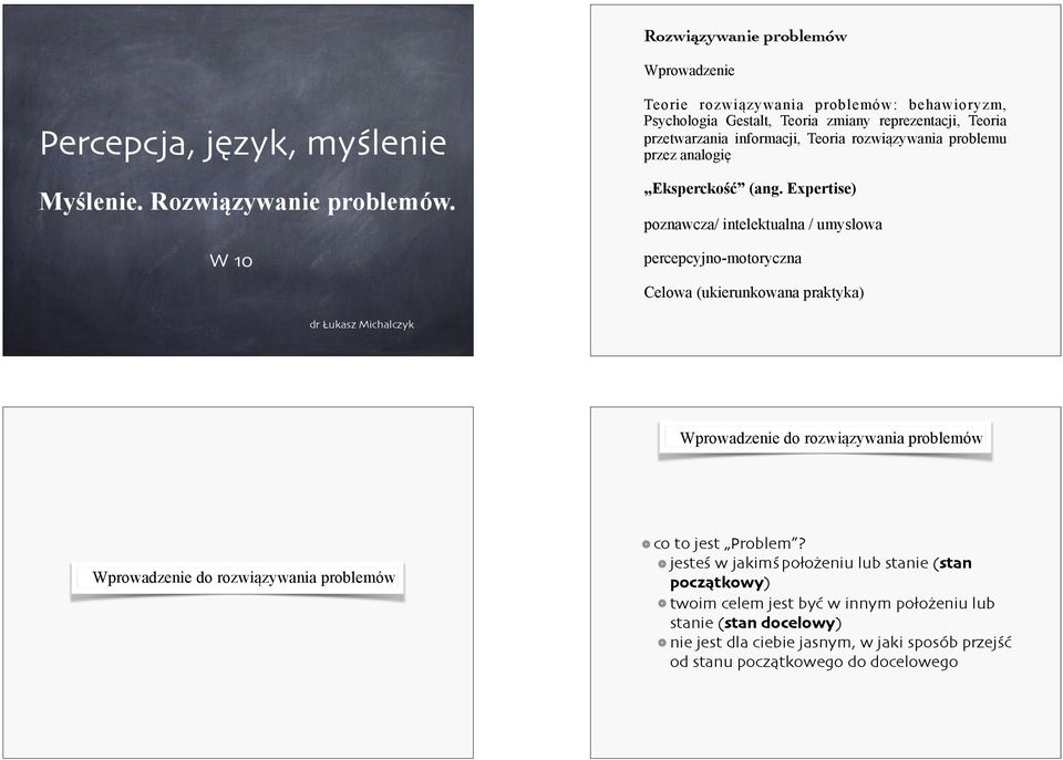 Expertise) poznawcza/ intelektualna / umysłowa percepcyjno-motoryczna Celowa (ukierunkowana praktyka) dr Łukasz Michalczyk Wprowadzenie do rozwiązywania problemów