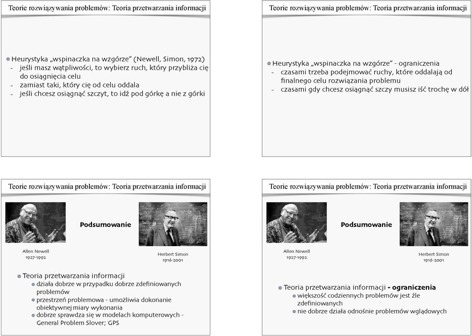 oddalają od finalnego celu rozwiązania problemu - czasami gdy chcesz osiągnąć szczy musisz iść trochę w dół Teoria przetwarzania informacji Teoria przetwarzania informacji Podsumowanie Podsumowanie