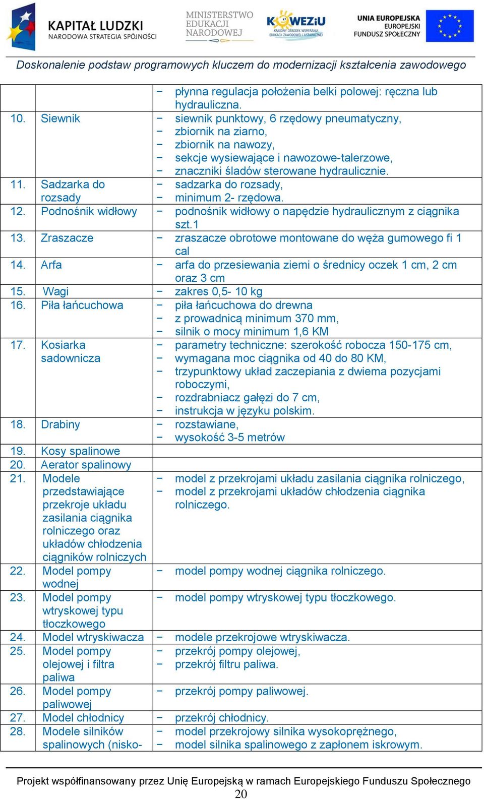 Sadzarka do sadzarka do rozsady, rozsady minimum 2- rzędowa. 12. Podnośnik widłowy podnośnik widłowy o napędzie hydraulicznym z ciągnika szt.1 13.