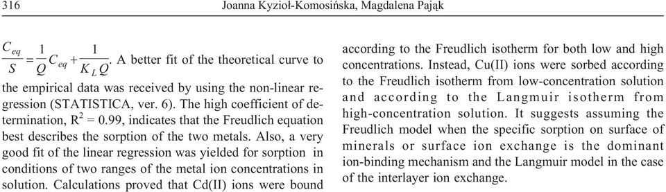 Also, a very good fit of the linear regression was yielded for sorption in conditions of two ranges of the metal ion concentrations in solution.