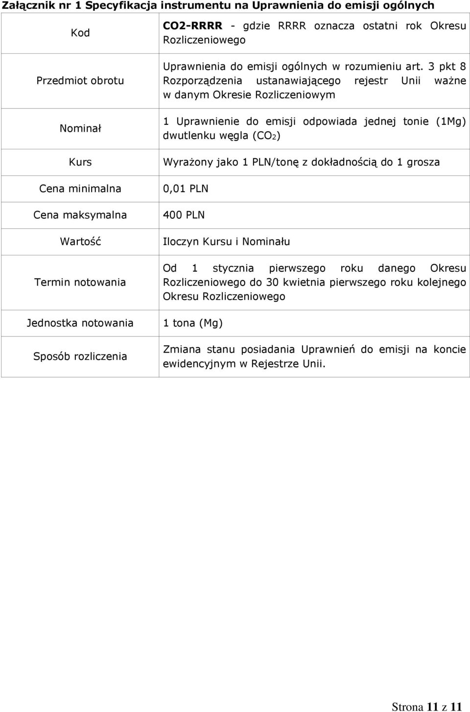 3 pkt 8 Rozporządzenia ustanawiającego rejestr Unii ważne w danym Okresie Rozliczeniowym 1 Uprawnienie do emisji odpowiada jednej tonie (1Mg) dwutlenku węgla (CO2) Wyrażony jako 1 PLN/tonę z