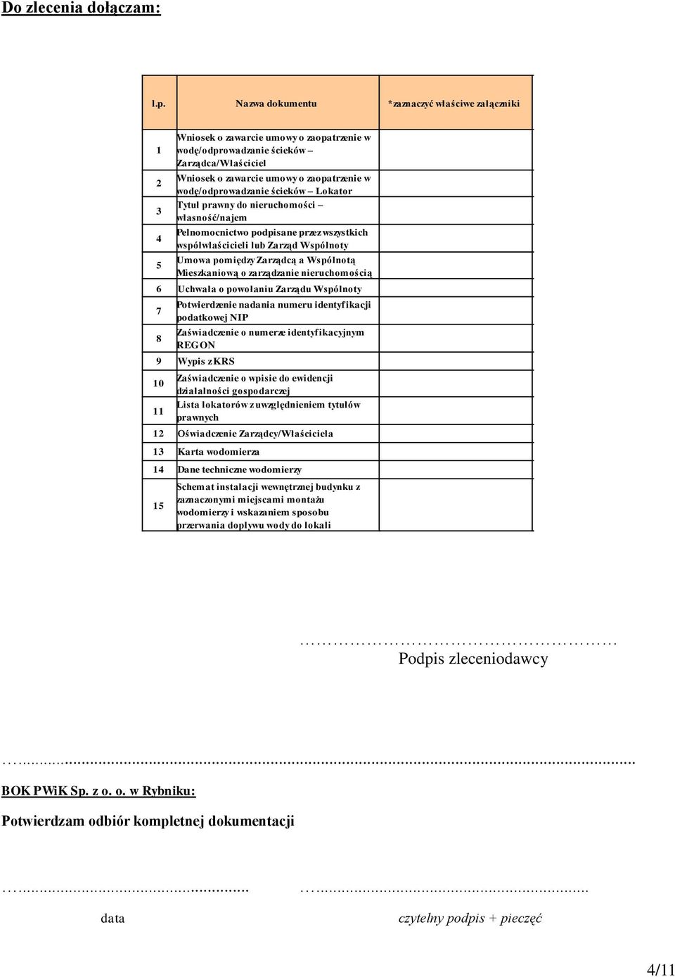 wodomierzy 15 Wniosek o zawarcie umowy o zaopatrzenie w wodę/odprowadzanie ścieków Zarządca/Właściciel Wniosek o zawarcie umowy o zaopatrzenie w wodę/odprowadzanie ścieków Lokator Tytuł prawny do