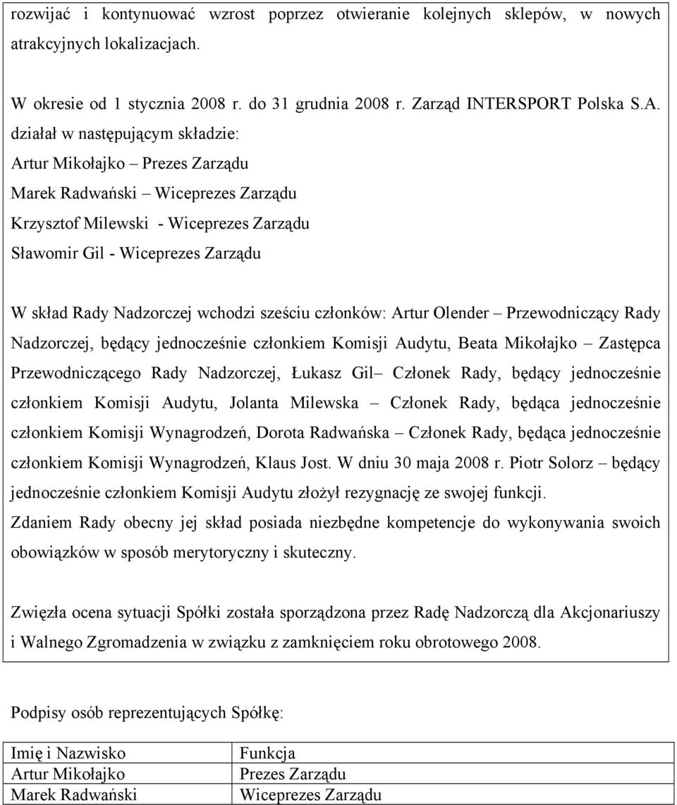 wchodzi sześciu członków: Artur Olender Przewodniczący Rady Nadzorczej, będący jednocześnie członkiem Komisji Audytu, Beata Mikołajko Zastępca Przewodniczącego Rady Nadzorczej, Łukasz Gil Członek