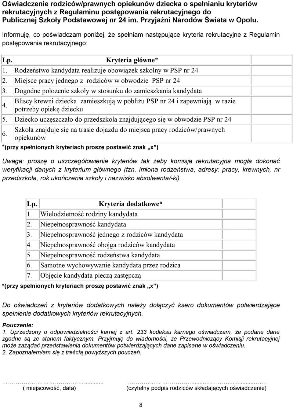 Rodzeństwo kandydata realizuje obowiązek szkolny w PSP nr 24 2. Miejsce pracy jednego z rodziców w obwodzie PSP nr 24 3. Dogodne położenie szkoły w stosunku do zamieszkania kandydata 4.