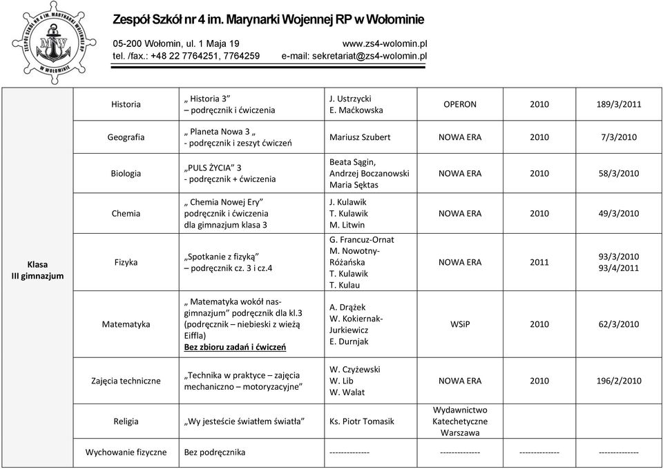 ERA 2010 58/3/2010 III gimnazjum Chemia Fizyka podręcznik i ćwiczenia dla gimnazjum klasa 3 Spotkanie z fizyką podręcznik cz. 3 i cz.4 J. Kulawik G. Francuz Ornat M. Nowotny Różańska T.