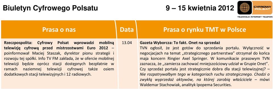 Info TV FM zakłada, że w ofercie mobilnej telewizji będzie oprócz stacji dostępnych bezpłatnie w ramach naziemnej telewizji cyfrowej także osiem dodatkowych stacji telewizyjnych i 12 radiowych. 13.