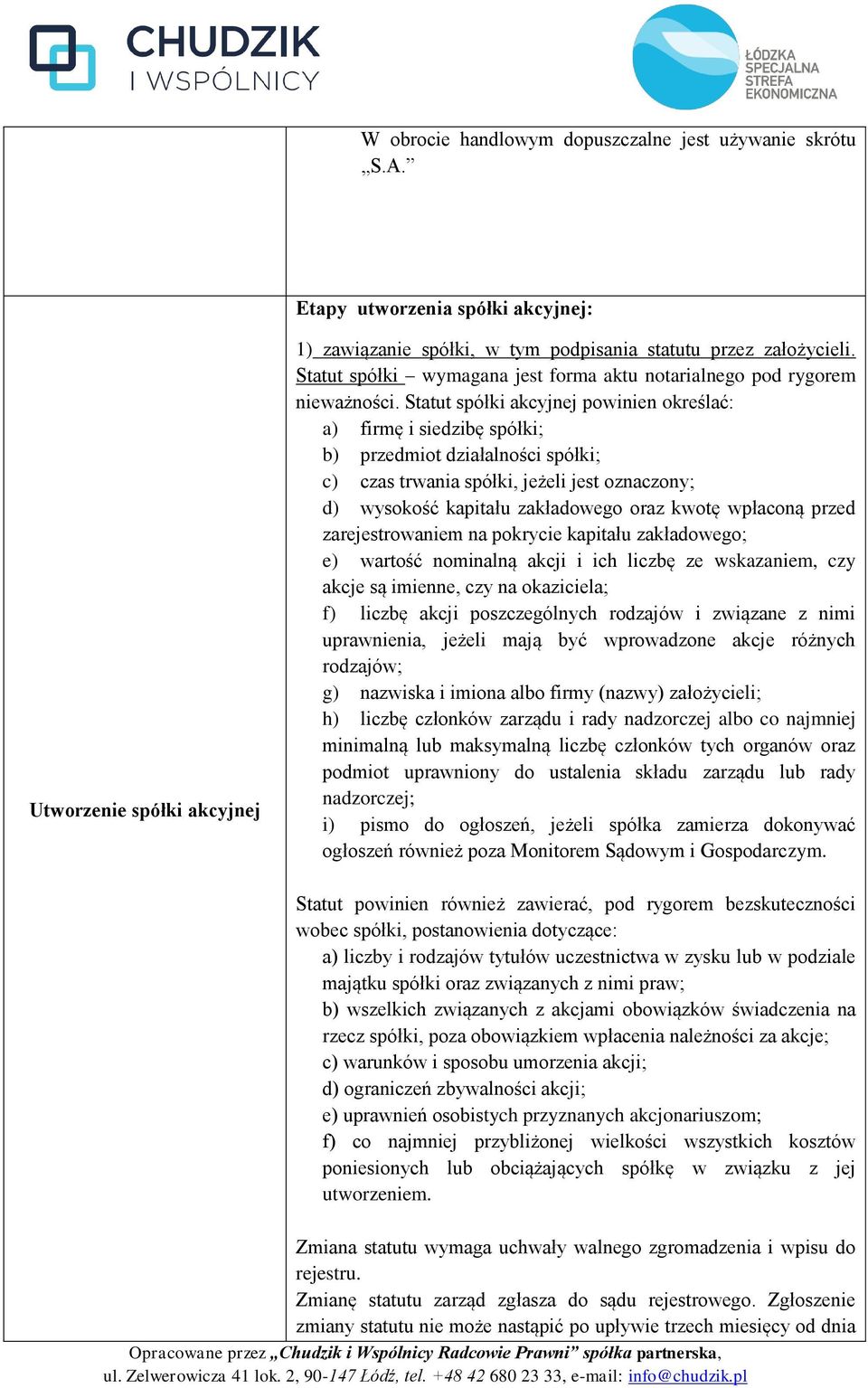 Statut spółki akcyjnej powinien określać: a) firmę i siedzibę spółki; b) przedmiot działalności spółki; c) czas trwania spółki, jeżeli jest oznaczony; d) wysokość kapitału zakładowego oraz kwotę