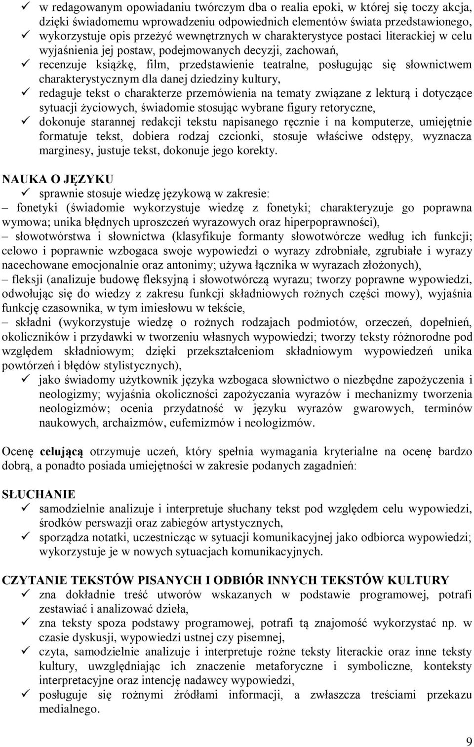 dla danej dziedziny kultury, redaguje tekst o charakterze przemówienia na tematy związane z lekturą i dotyczące sytuacji życiowych, świadomie stosując wybrane figury retoryczne, dokonuje starannej