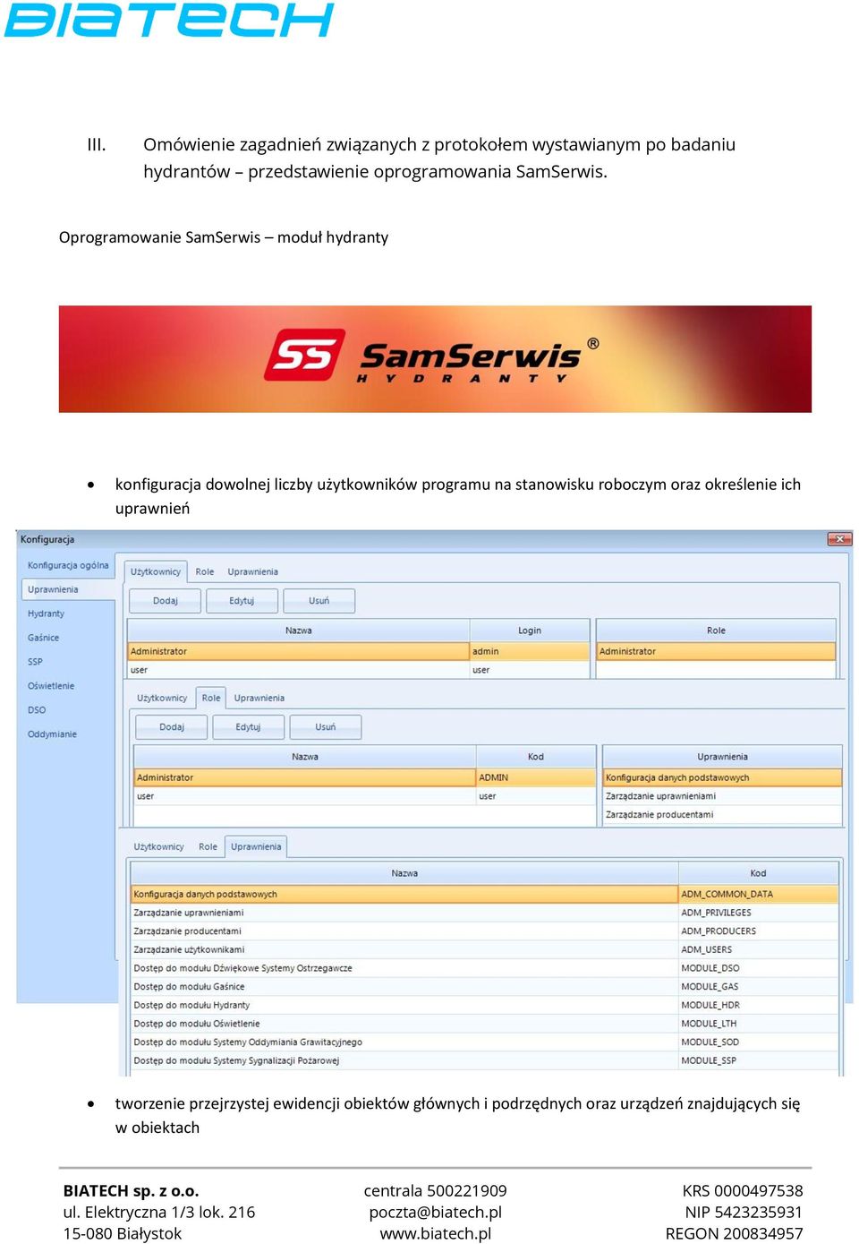 Oprogramowanie SamSerwis moduł hydranty konfiguracja dowolnej liczby użytkowników programu na