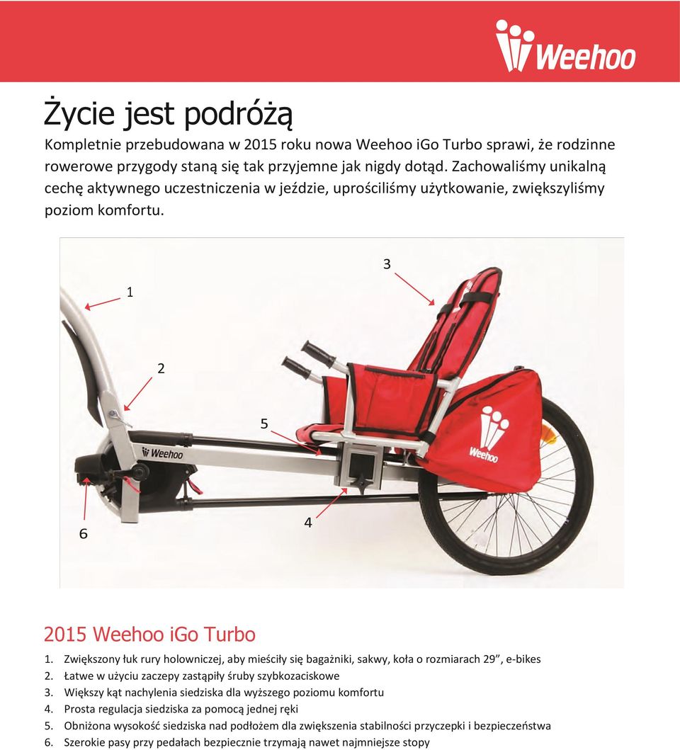 Zwiększony łuk rury holowniczej, aby mieściły się bagażniki, sakwy, koła o rozmiarach 29, e-bikes 2. Łatwe w użyciu zaczepy zastąpiły śruby szybkozaciskowe 3.