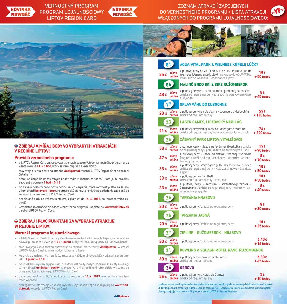 Pravidlá vernostného programu: s LIPTOV Region Card získate, v zariadeniach zapojených do vernostného programu, za každé minuté 1 = 1 bod, ktorý sa vám pripíše na vaše konto stav svojho konta zistite
