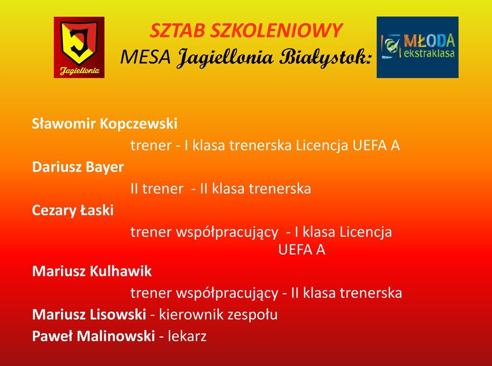 trener współpracujący - I klasa Licencja UEFA A Mariusz Kulhawik trener