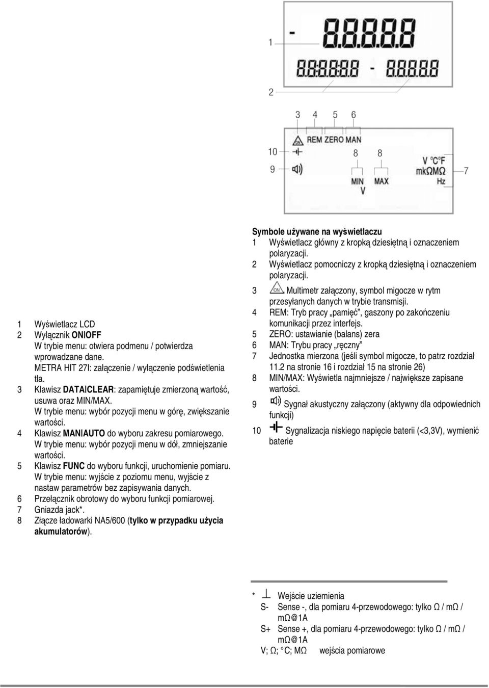 W trybie menu: wybór pozycji menu w dół, zmniejszanie wartości. 5 Klawisz FUNC do wyboru funkcji, uruchomienie pomiaru.