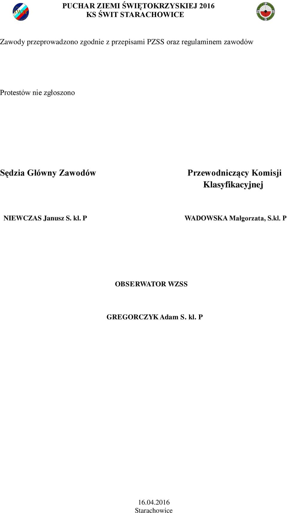 Zawodów Przewodniczący Komisji Klasyfikacyjnej NIEWCZAS Janusz