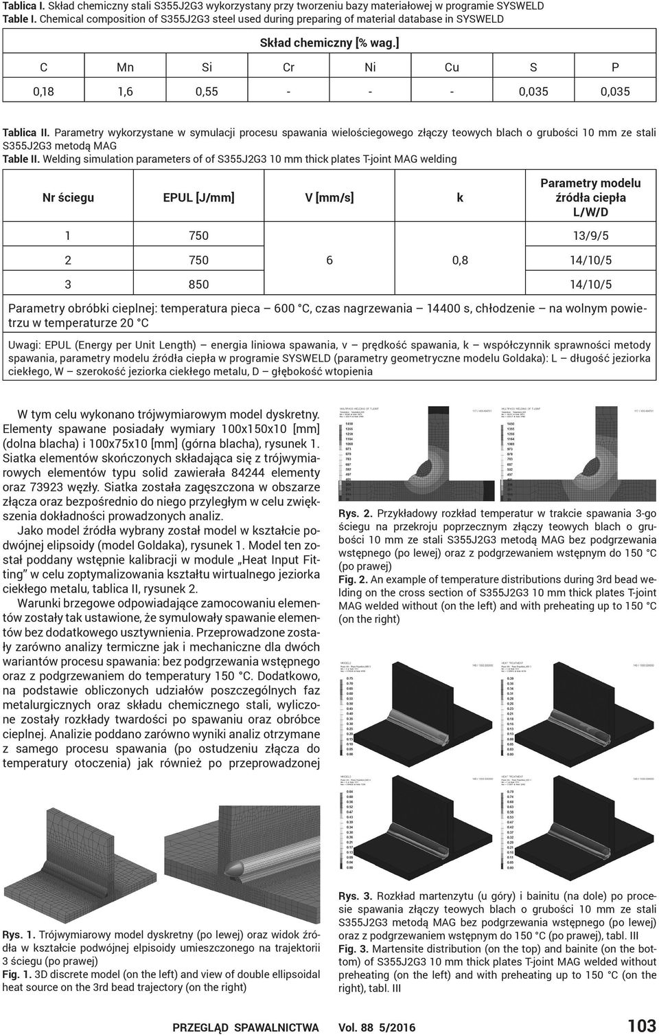 Parametry wykorzystane w symulacji procesu spawania wielościegowego złączy teowych blach o grubości 10 mm ze stali S355J2G3 metodą MAG Table II.