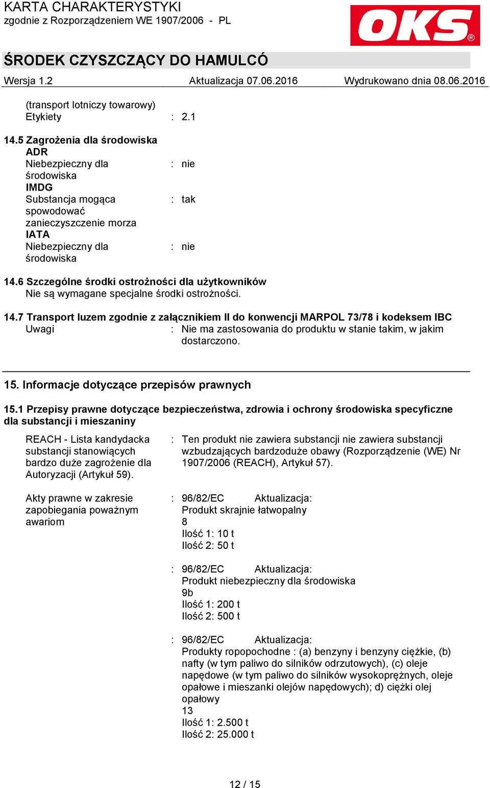 6 Szczególne środki ostrożności dla użytkowników Nie są wymagane specjalne środki ostrożności. 14.