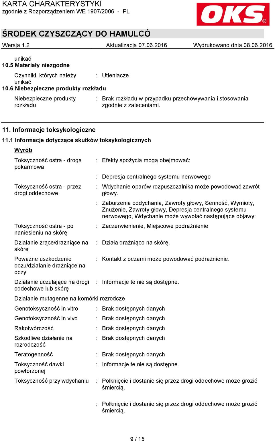 1 Informacje dotyczące skutków toksykologicznych Wyrób Toksyczność ostra - droga pokarmowa Toksyczność ostra - przez drogi oddechowe Toksyczność ostra - po naniesieniu na skórę Działanie