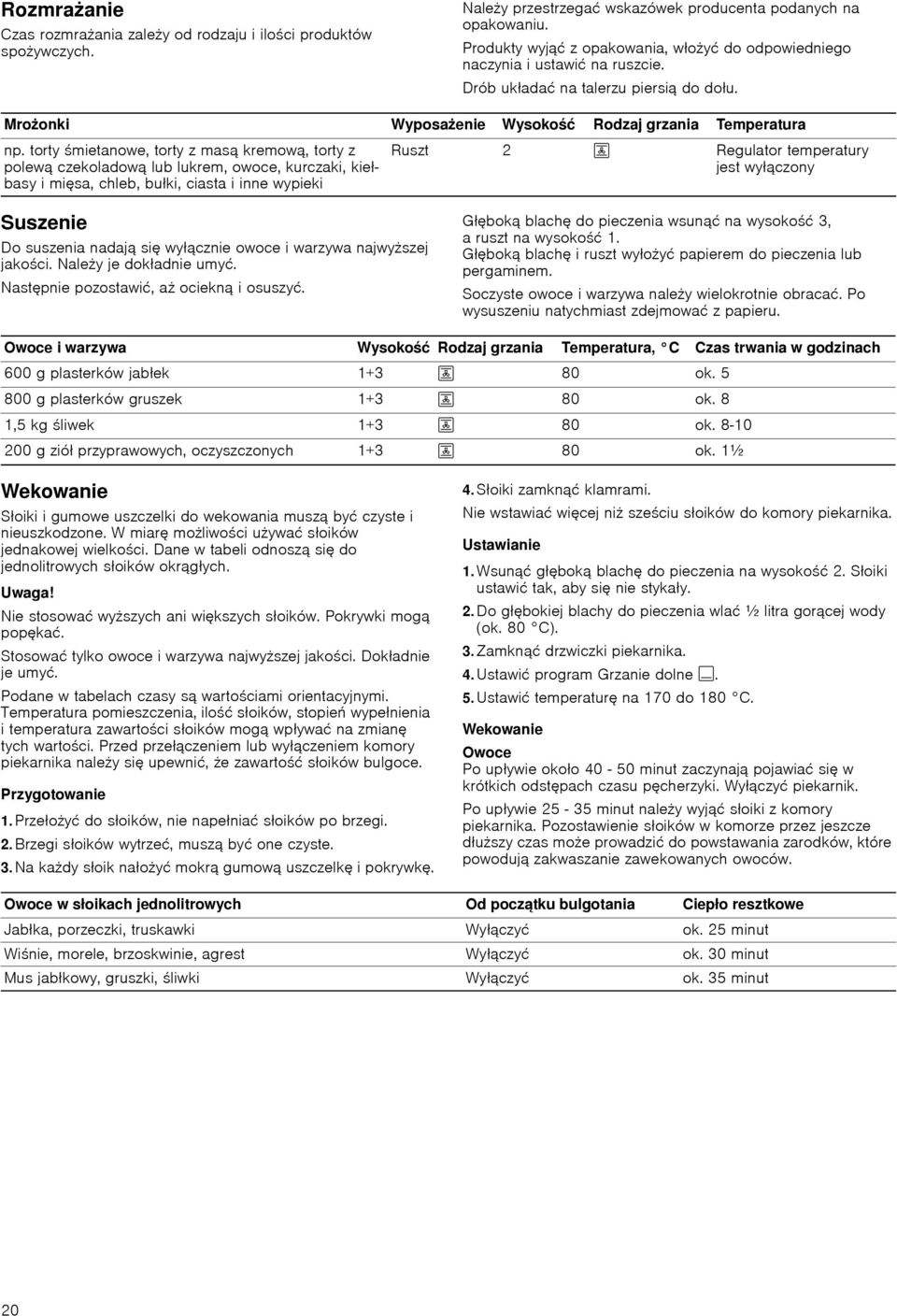 torty mietanowe, torty z masф kremowф, torty z polewф czekoladowф lub lukrem, owoce, kurczaki, kiełbasy i mięsa, chleb, bułki, ciasta i inne wypieki Ruszt 2 2 Regulator temperatury jest wyłфczony