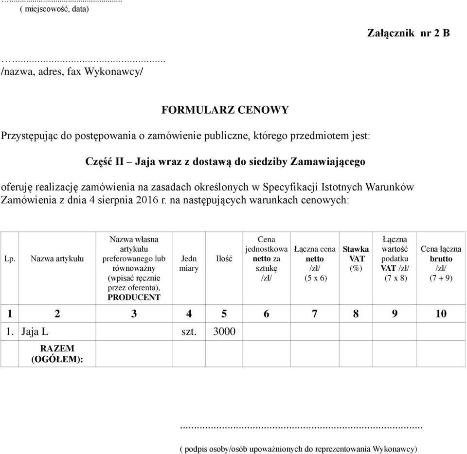 preferowanego lub jednostkowa netto za
