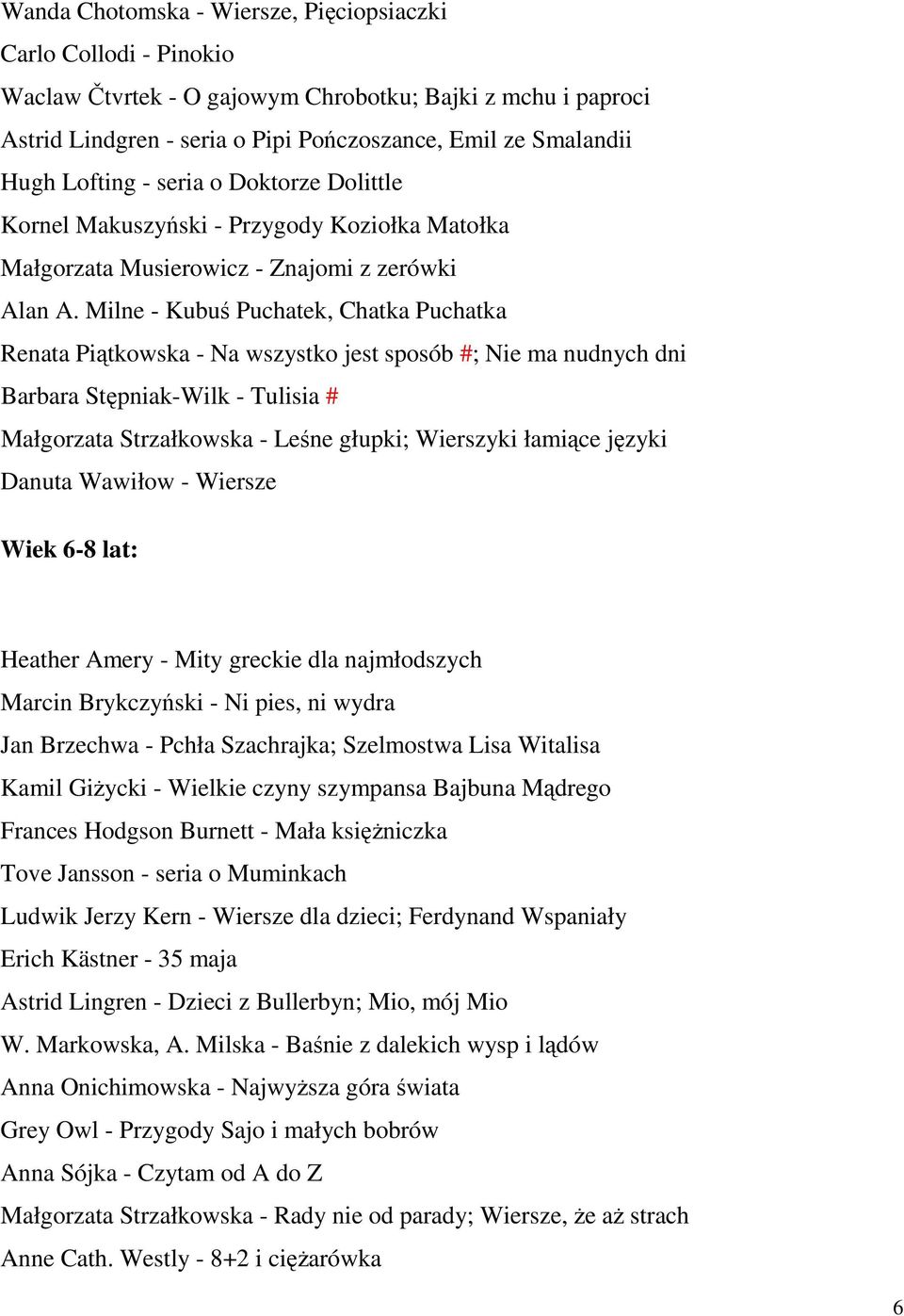 Milne - Kubuś Puchatek, Chatka Puchatka Renata Piątkowska - Na wszystko jest sposób #; Nie ma nudnych dni Barbara Stępniak-Wilk - Tulisia # Małgorzata Strzałkowska - Leśne głupki; Wierszyki łamiące