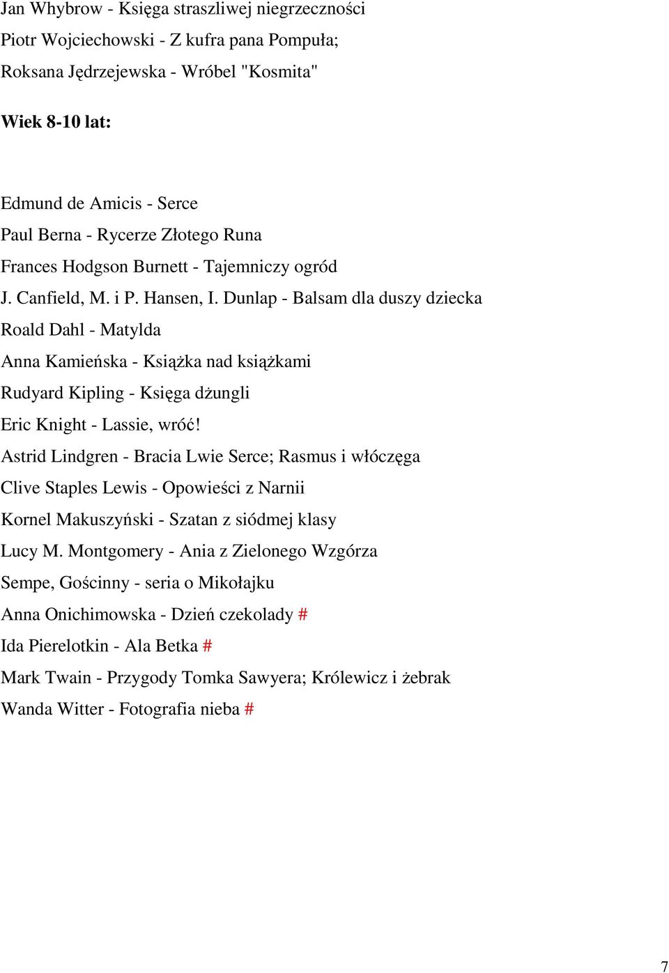 Dunlap - Balsam dla duszy dziecka Roald Dahl - Matylda Anna Kamieńska - KsiąŜka nad ksiąŝkami Rudyard Kipling - Księga dŝungli Eric Knight - Lassie, wróć!