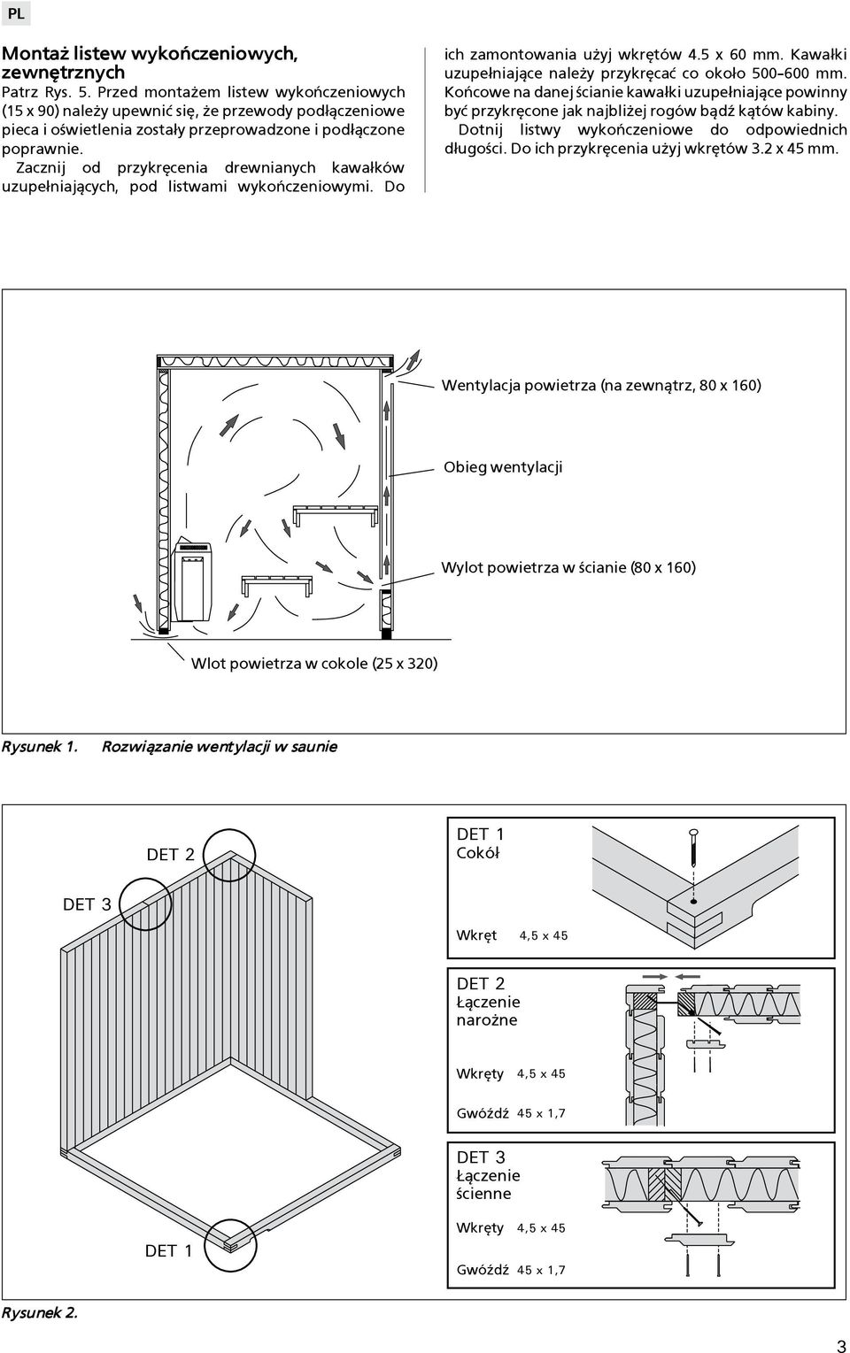 Zacznij od przykrêcenia drewnianych kawa³ków uzupe³niaj±cych, pod listwami wykoñczeniowymi. Do ich zamontowania u yj wkrêtów 4.5 x 60 mm. Kawa³ki uzupe³niaj±ce nale y przykrêcaæ co oko³o 500 600 mm.