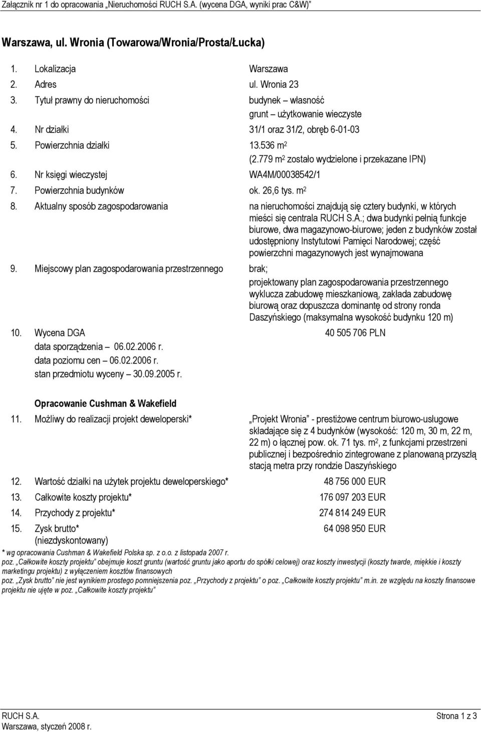 779 m 2 zostało wydzielone i przekazane IPN) 6. Nr księgi wieczystej WA4M/00038542/1 7. Powierzchnia budynków ok. 26,6 tys. m 2 8.
