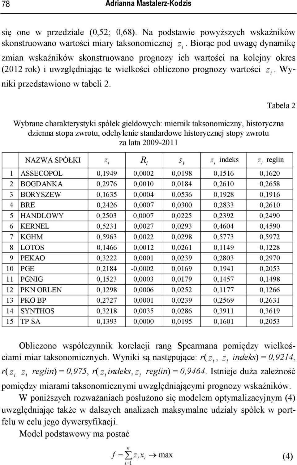 Tabela 2 Wybrane charakterystyk spółek gełdowych: mernk taksonomczny, hstoryczna dzenna stopa zwrotu, odchylene standardowe hstorycznej stopy zwrotu za lata 2009-2011 NAZWA SPÓŁKI z R s z ndeks z