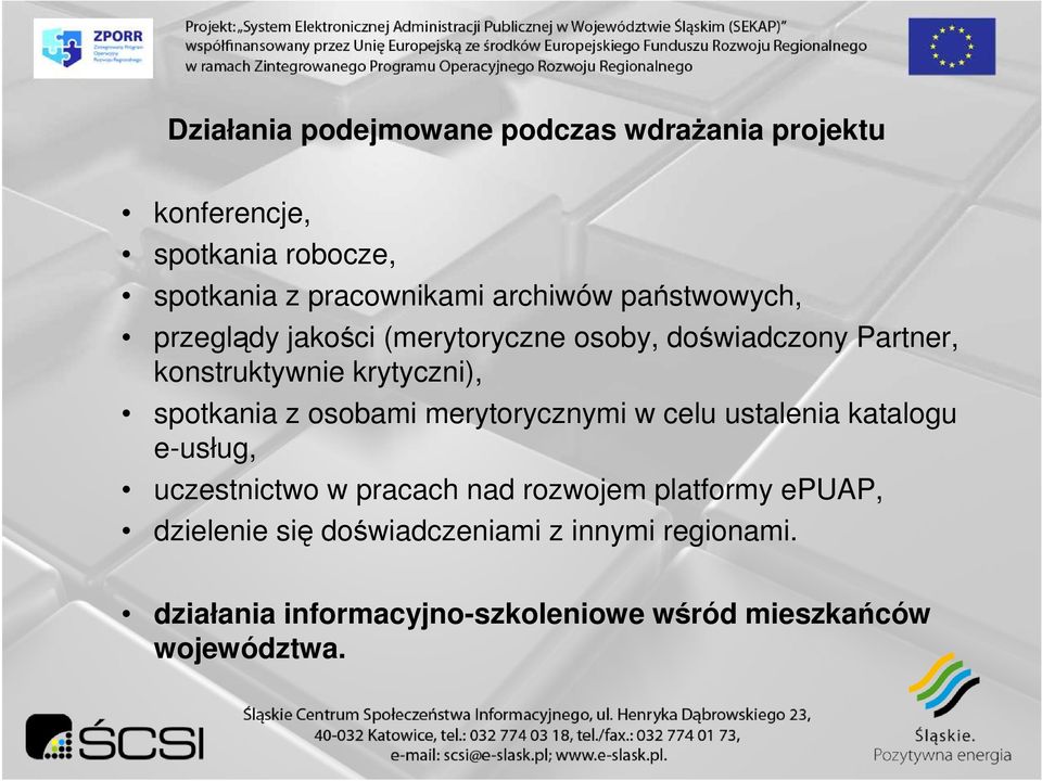 spotkania z osobami merytorycznymi w celu ustalenia katalogu e-usług, uczestnictwo w pracach nad rozwojem