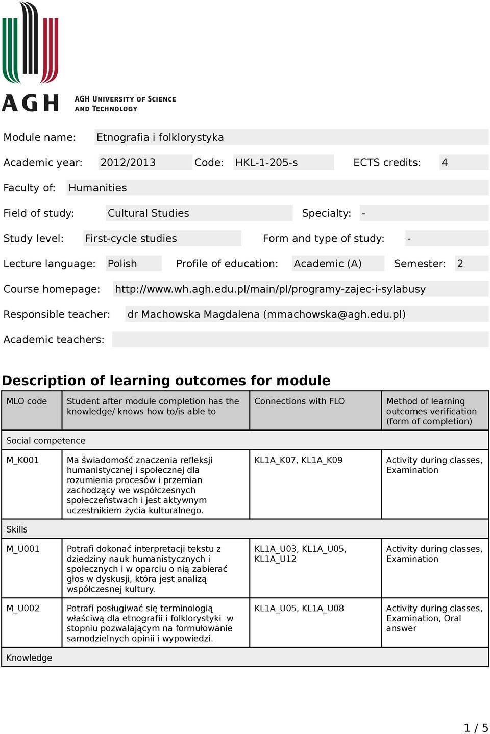 edu.pl) Academic teachers: Description of learning outcomes for module MLO code Student after module completion has the knowledge/ knows how to/is able to Connections with FLO Method of learning