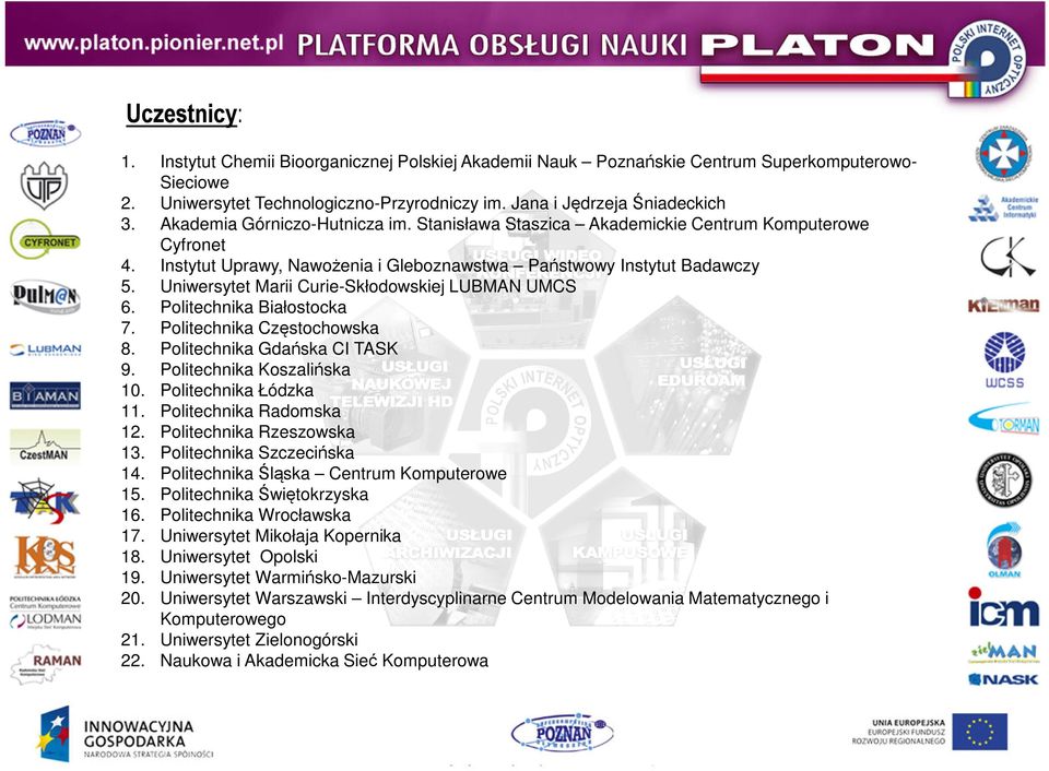 Uniwersytet Marii Curie-Skłodowskiej LUBMAN UMCS 6. Politechnika Białostocka 7. Politechnika Częstochowska 8. Politechnika Gdańska CI TASK 9. Politechnika Koszalińska 10. Politechnika Łódzka 11.