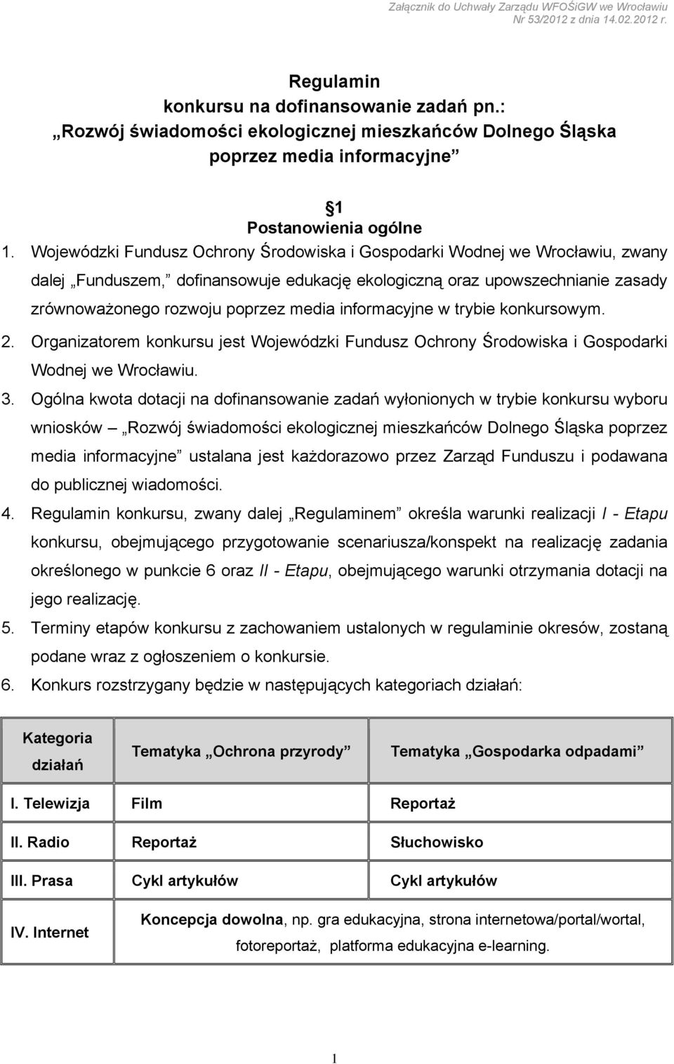 Wojewódzki Fundusz Ochrony Środowiska i Gospodarki Wodnej we Wrocławiu, zwany dalej Funduszem, dofinansowuje edukację ekologiczną oraz upowszechnianie zasady zrównoważonego rozwoju poprzez media