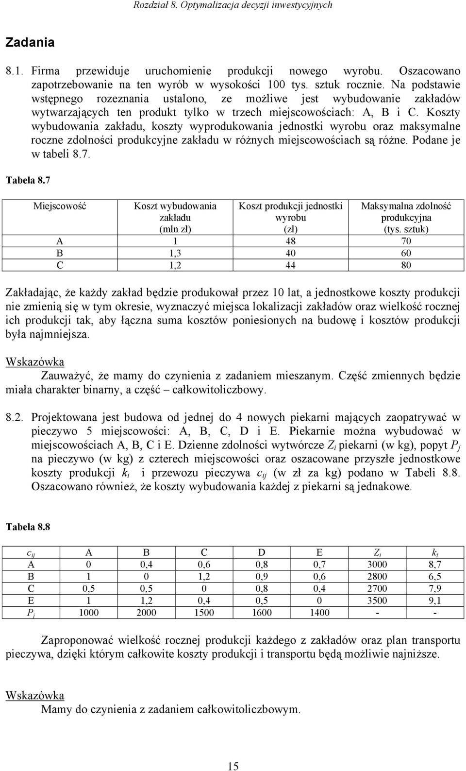 Koszty wybudowana zakładu, koszty wyprodukowana jednostk wyrobu oraz maksymalne roczne zdolnośc produkcyjne zakładu w różnych mejscowoścach są różne. Podane je w tabel 8.7. Tabela 8.