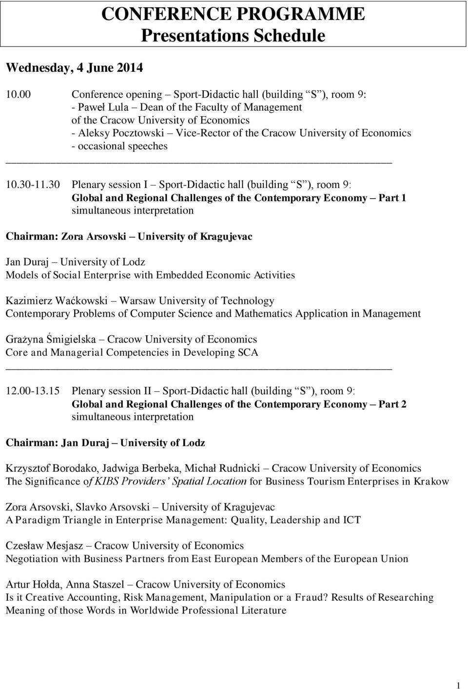 University of Economics - occasional speeches 10.30-11.