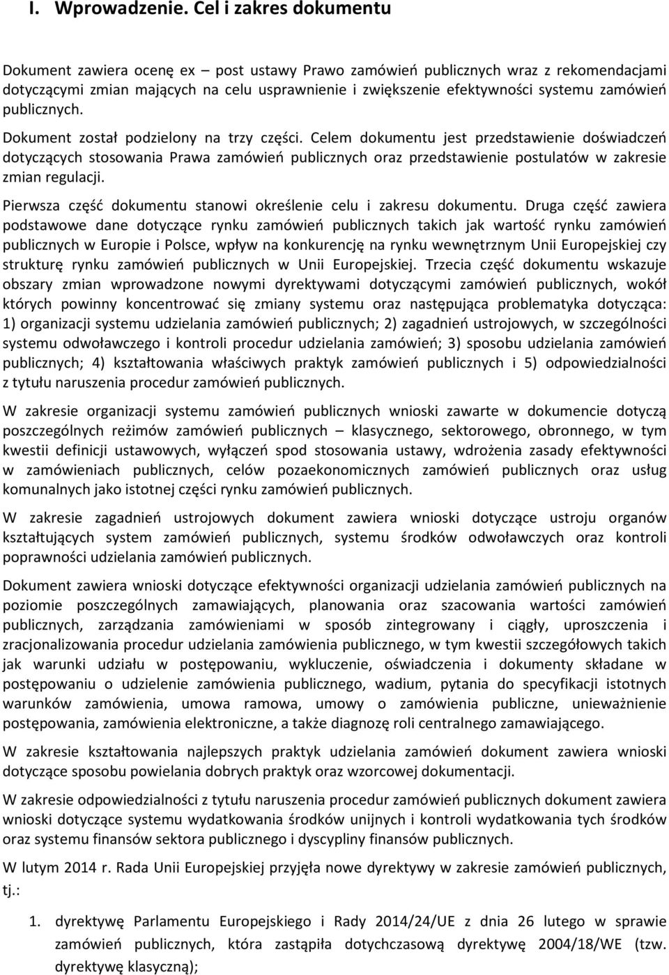zamówień publicznych. Dokument został podzielony na trzy części.