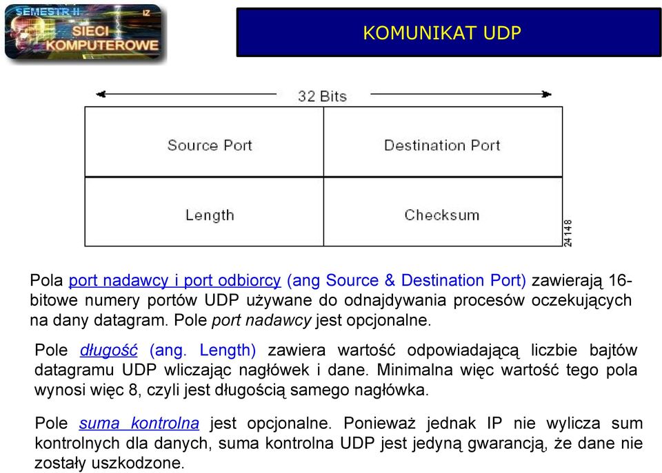 Length) zawiera wartość odpowiadającą liczbie bajtów datagramu UDP wliczając nagłówek i dane.