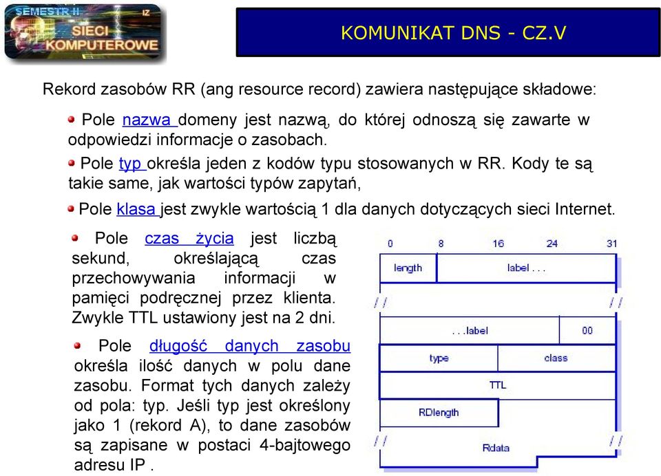 Pole typ określa jeden z kodów typu stosowanych w RR. Kody te są takie same, jak wartości typów zapytań, Pole klasa jest zwykle wartością 1 dla danych dotyczących sieci Internet.