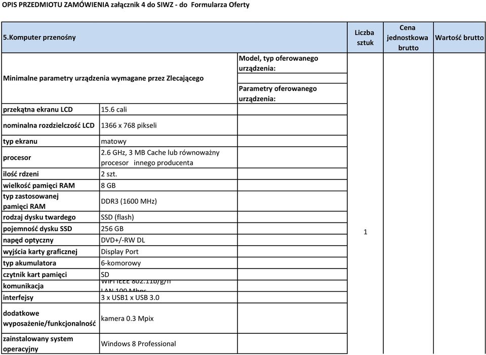 pojemność dysku SSD napęd optyczny wyjścia karty graficznej typ akumulatora matowy 2.6 GHz, 3 MB Cache lub równoważny procesor innego producenta 2 szt.