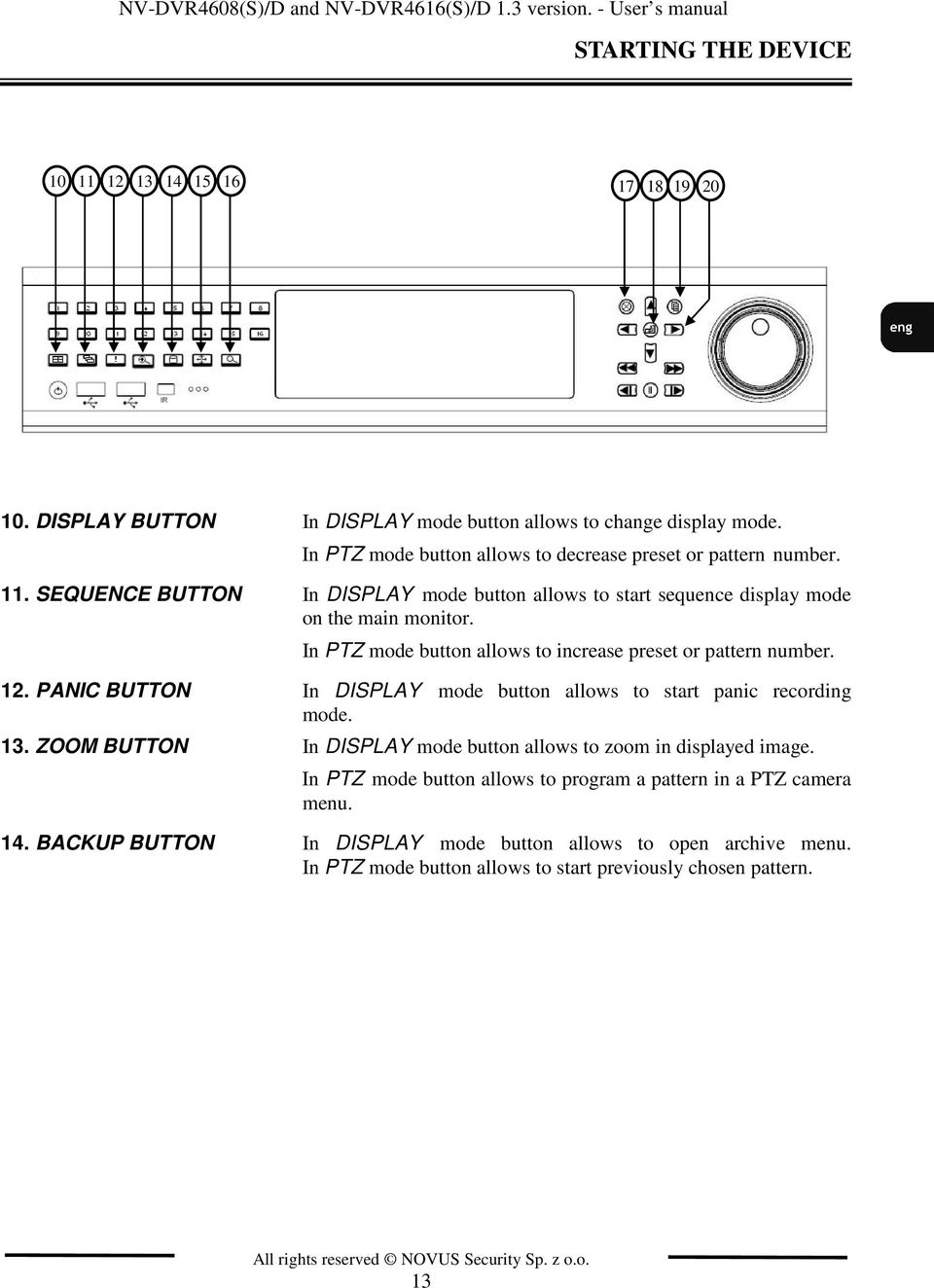 In PTZ mode button allows to increase preset or pattern number. 12. PANIC BUTTON In DISPLAY mode button allows to start panic recording mode. 13.