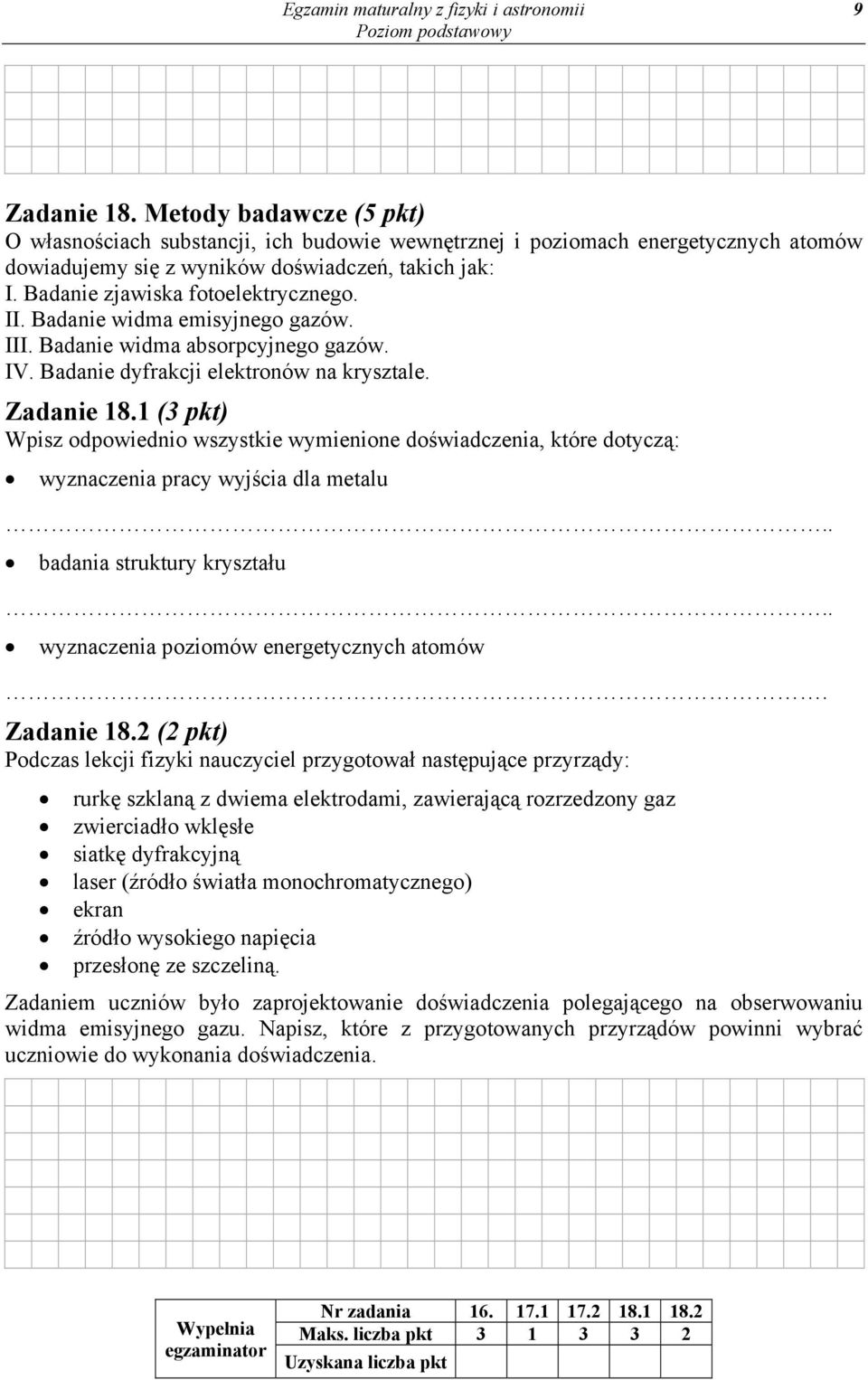 II. Badanie widma emisyjnego gazów. III. Badanie widma absorpcyjnego gazów. IV. Badanie dyfrakcji elektronów na krysztale. Zadanie 18.