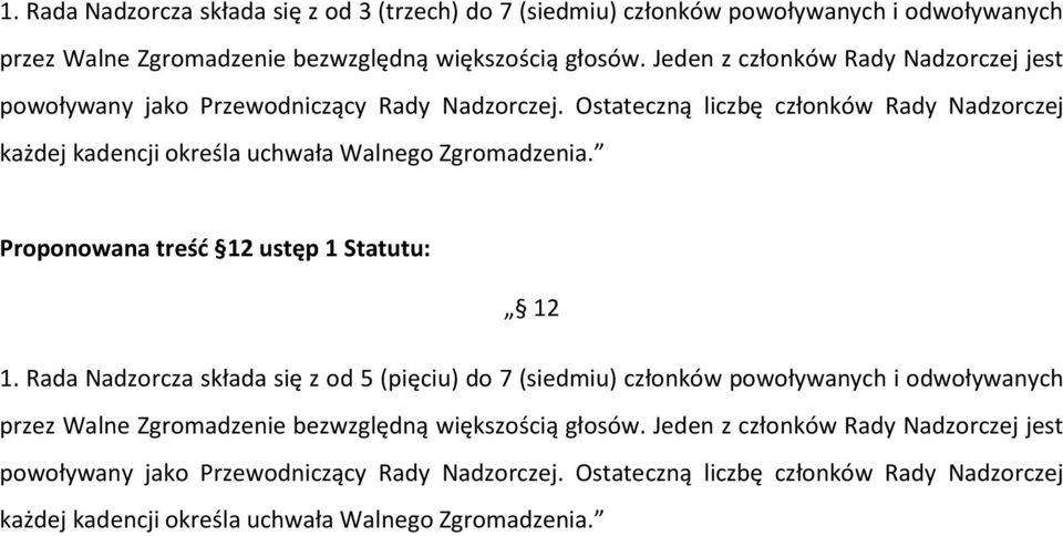 Ostateczną liczbę członków Rady Nadzorczej każdej kadencji określa uchwała Walnego Zgromadzenia. Proponowana treść 12 ustęp 1 Statutu: 12 1.