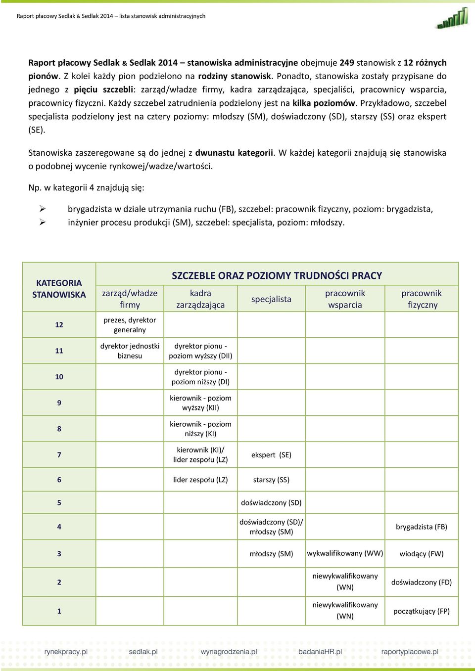 Każdy szczebel zatrudnienia podzielony jest na kilka poziomów. Przykładowo, szczebel specjalista podzielony jest na cztery poziomy: młodszy (SM), doświadczony (SD), starszy (SS) oraz ekspert (SE).