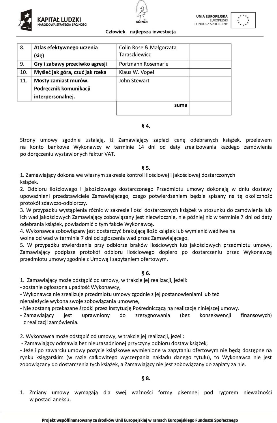 Strony umowy zgodnie ustalają, iż Zamawiający zapłaci cenę odebranych książek, przelewem na konto bankowe Wykonawcy w terminie 14 dni od daty zrealizowania każdego zamówienia po doręczeniu