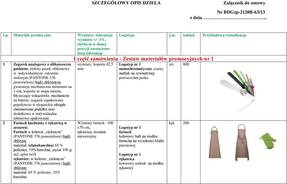 odcieniu zielonym (PANTONE 376 jasnozielony) bądź zbliżonym, gwarancja mechaniczna minimum na 1 rok, koperta ze stopu metalu, błyszczące wskazówki, mechanizm na baterie, zegarek zapakowany pojedynczo