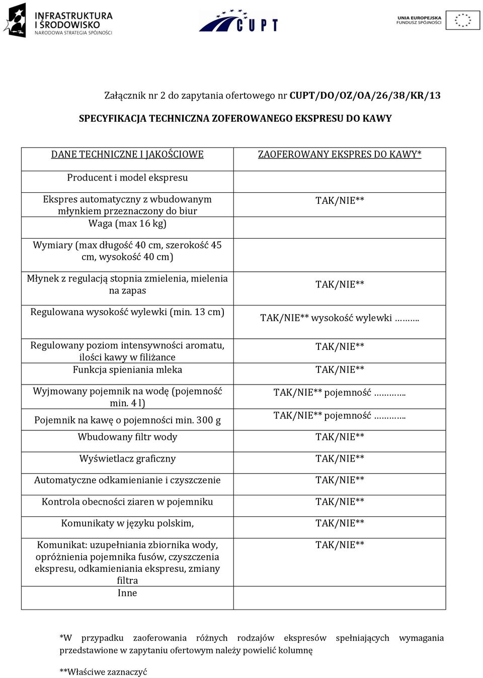 na zapas Regulowana wysokość wylewki (min. 13 cm) Regulowany poziom intensywności aromatu, ilości kawy w filiżance Funkcja spieniania mleka Wyjmowany pojemnik na wodę (pojemność min.