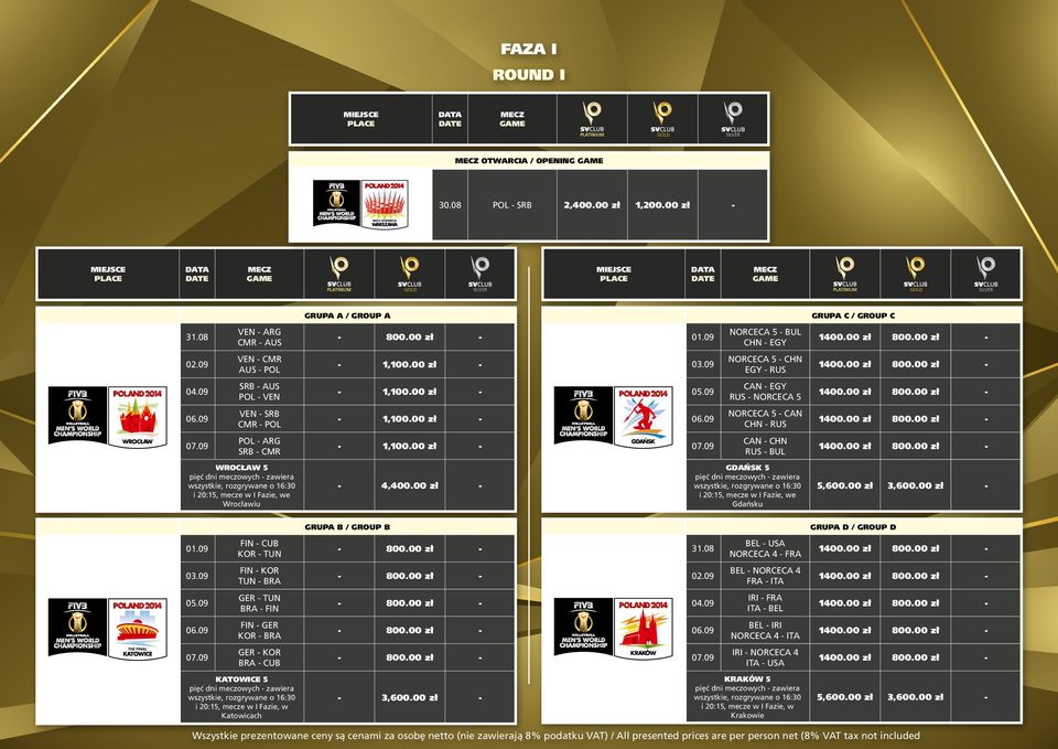 00 zł - 02.09 VEN - CMR AUS - POL - 1,100.00 zł - 03.09 NORCECA 5 - CHN EGY - RUS 1400.00 zł 800.00 zł - 04.09 SRB - AUS POL - VEN - 1,100.00 zł - 05.09 CAN - EGY RUS - NORCECA 5 1400.00 zł 800.00 zł - 06.