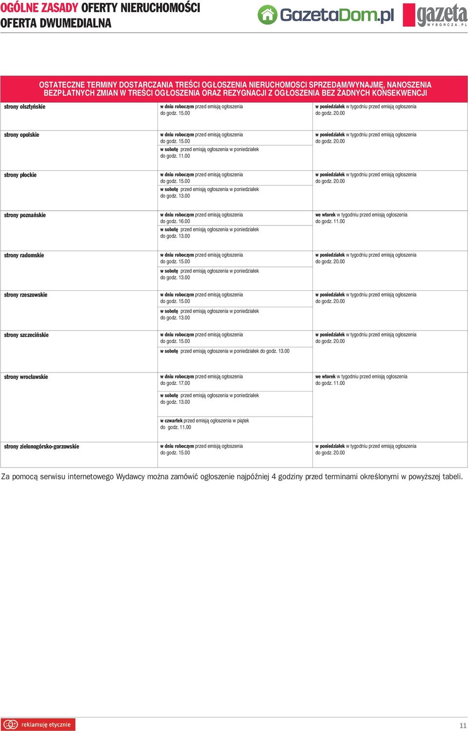 17.00 we wtorek w tygodniu przed emisją ogłoszenia do godz. 11.